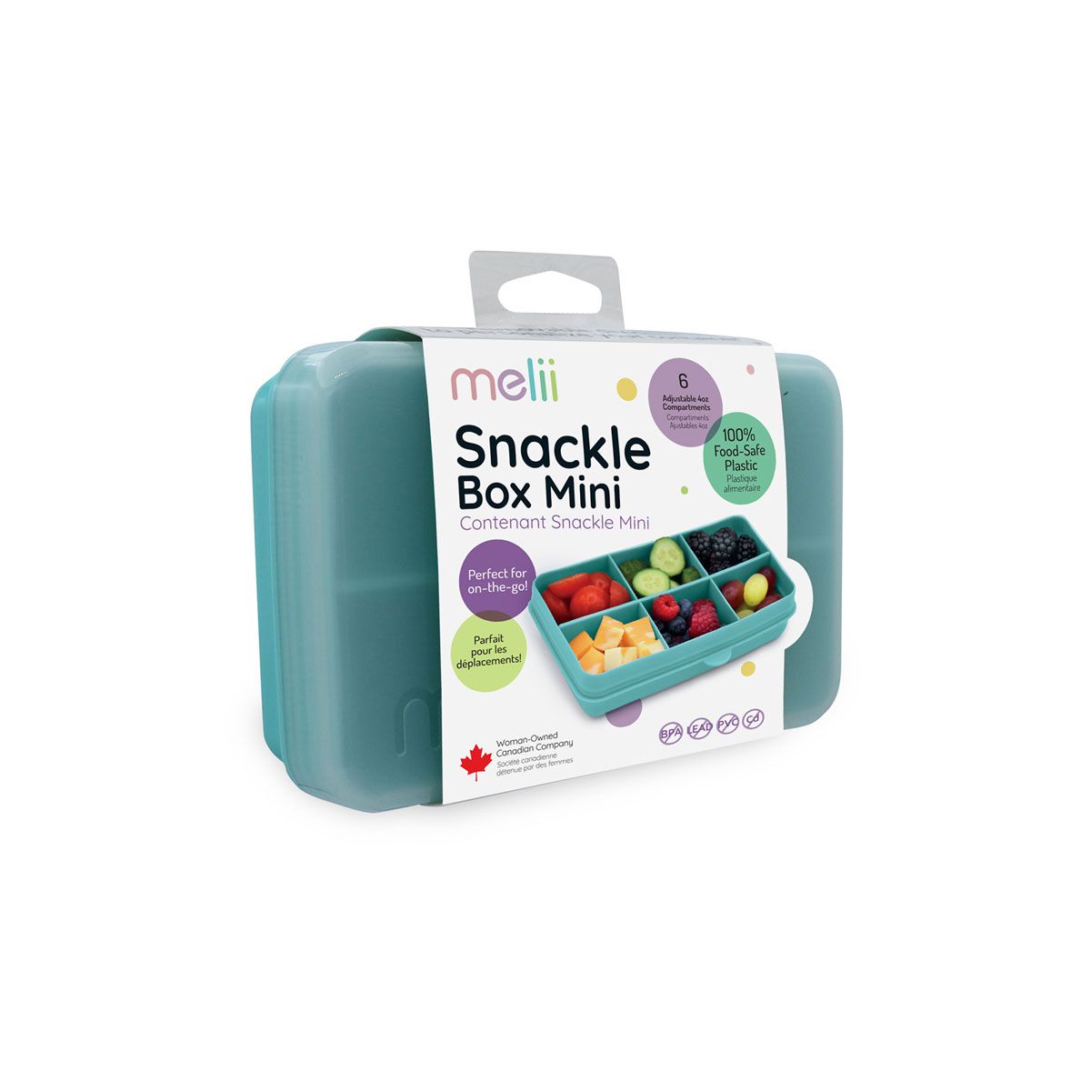 Blue snack box with colorful compartments and packaging on a white background