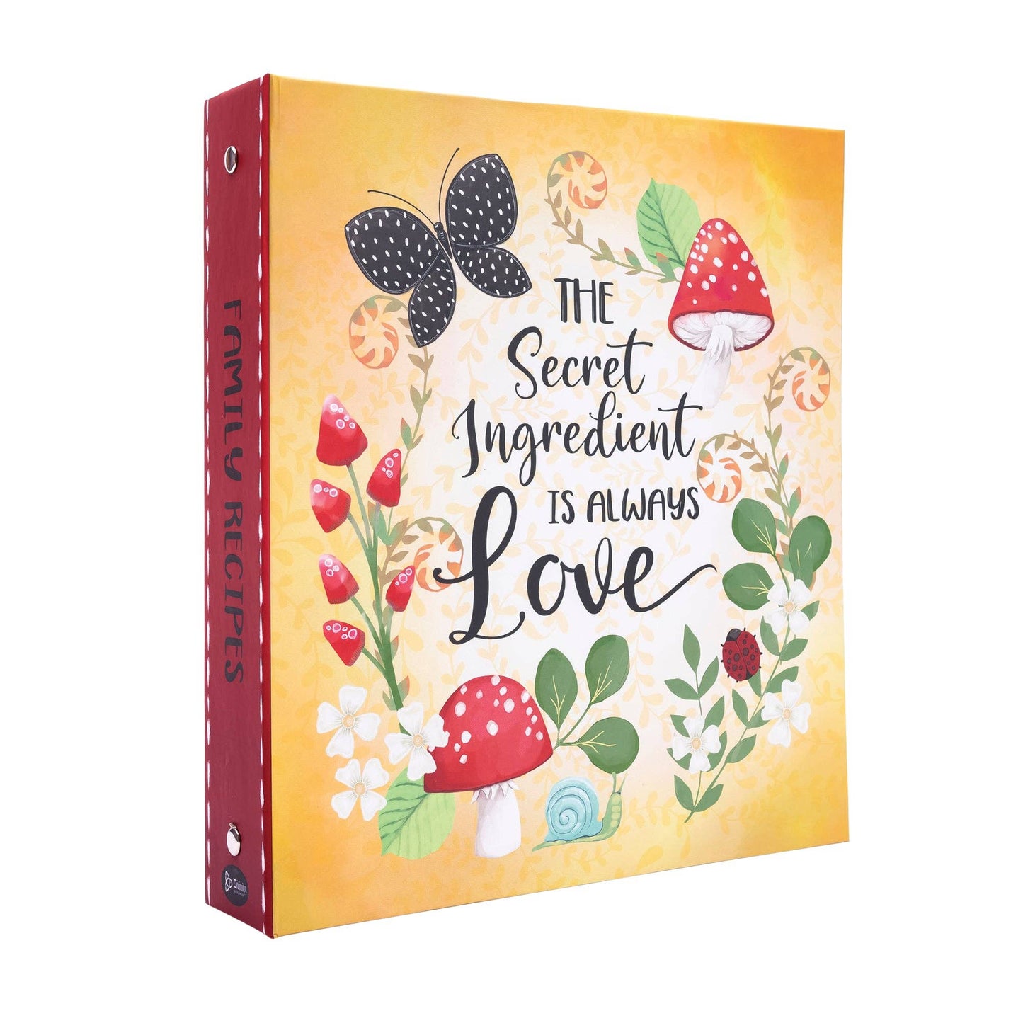 Decorative notebook with butterfly, mushroom, and floral design on a yellow background