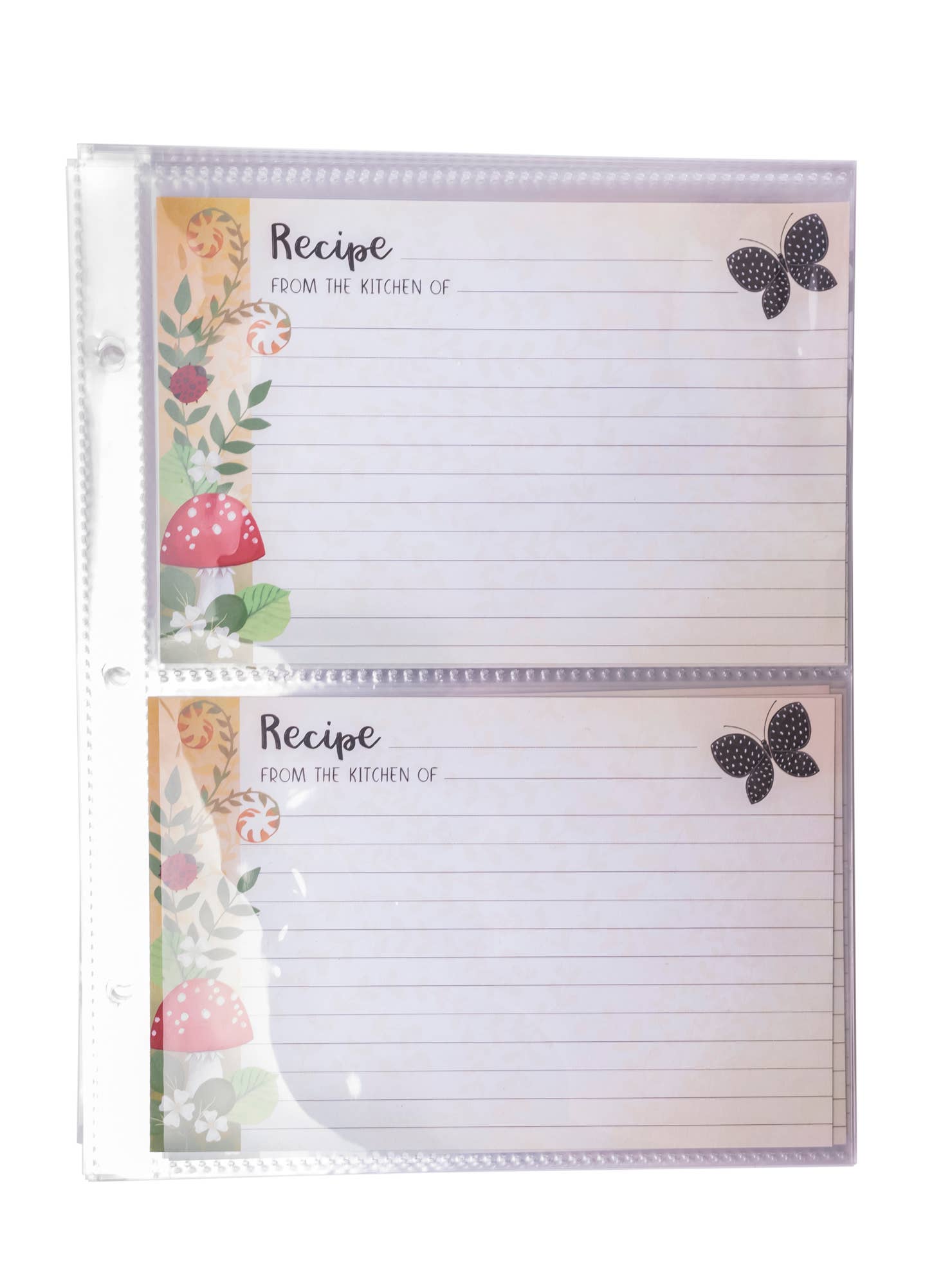 Two recipe cards with butterfly designs in a clear plastic holder on a white background