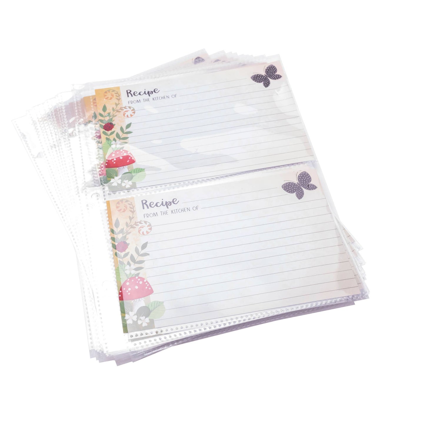 Set of recipe cards with floral and butterfly designs on a white background