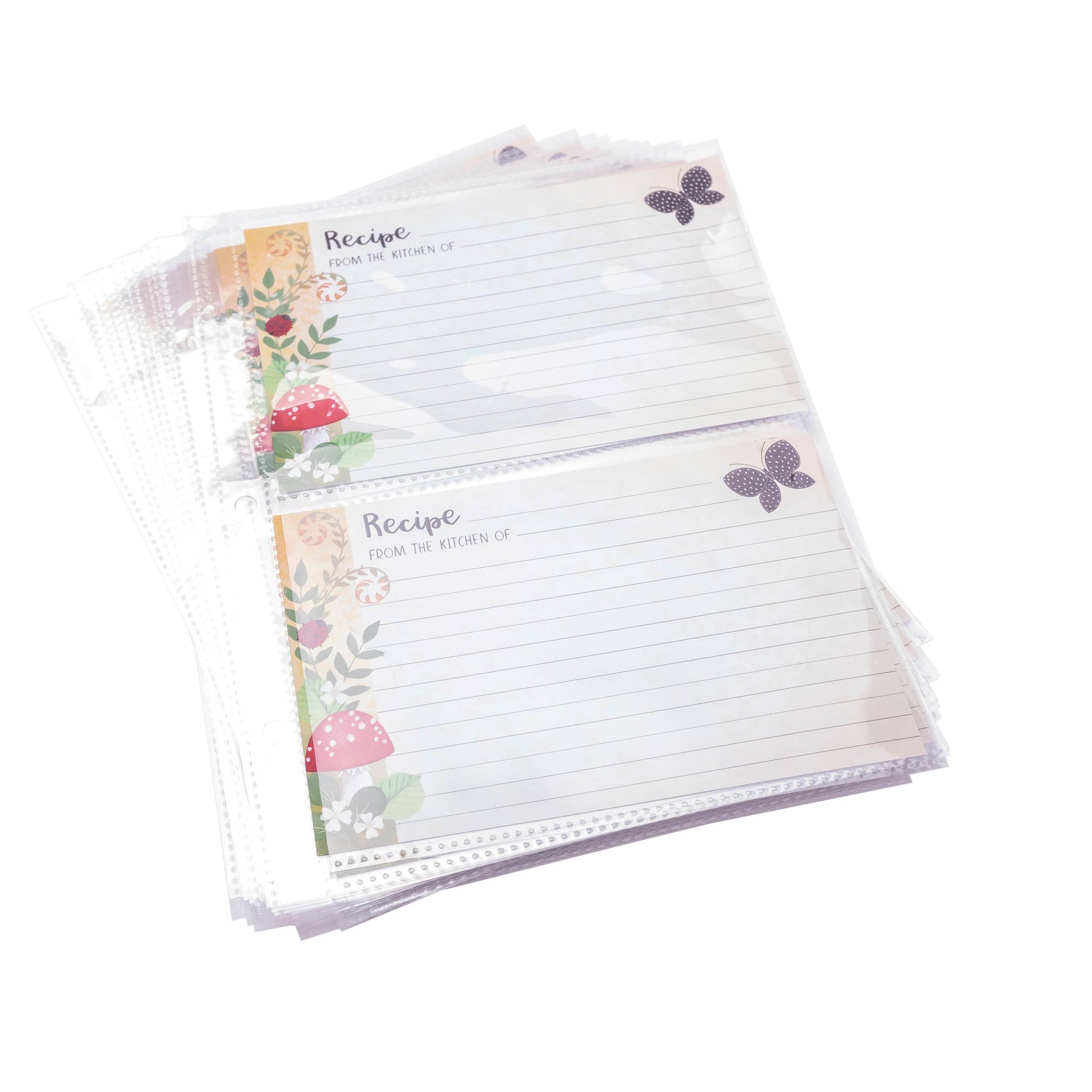 Set of recipe cards with floral and butterfly designs on a white background