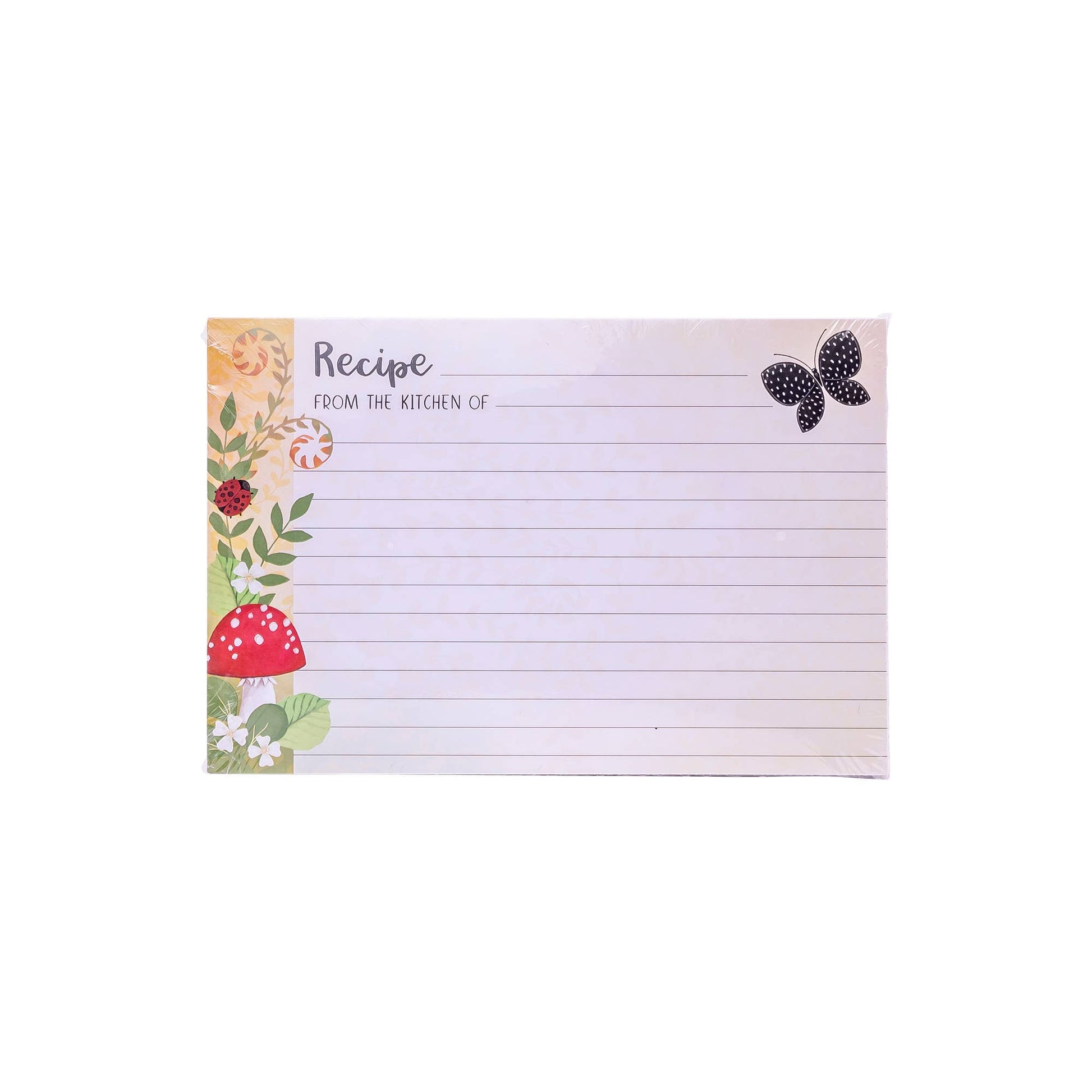Recipe card with floral and mushroom design on a white background