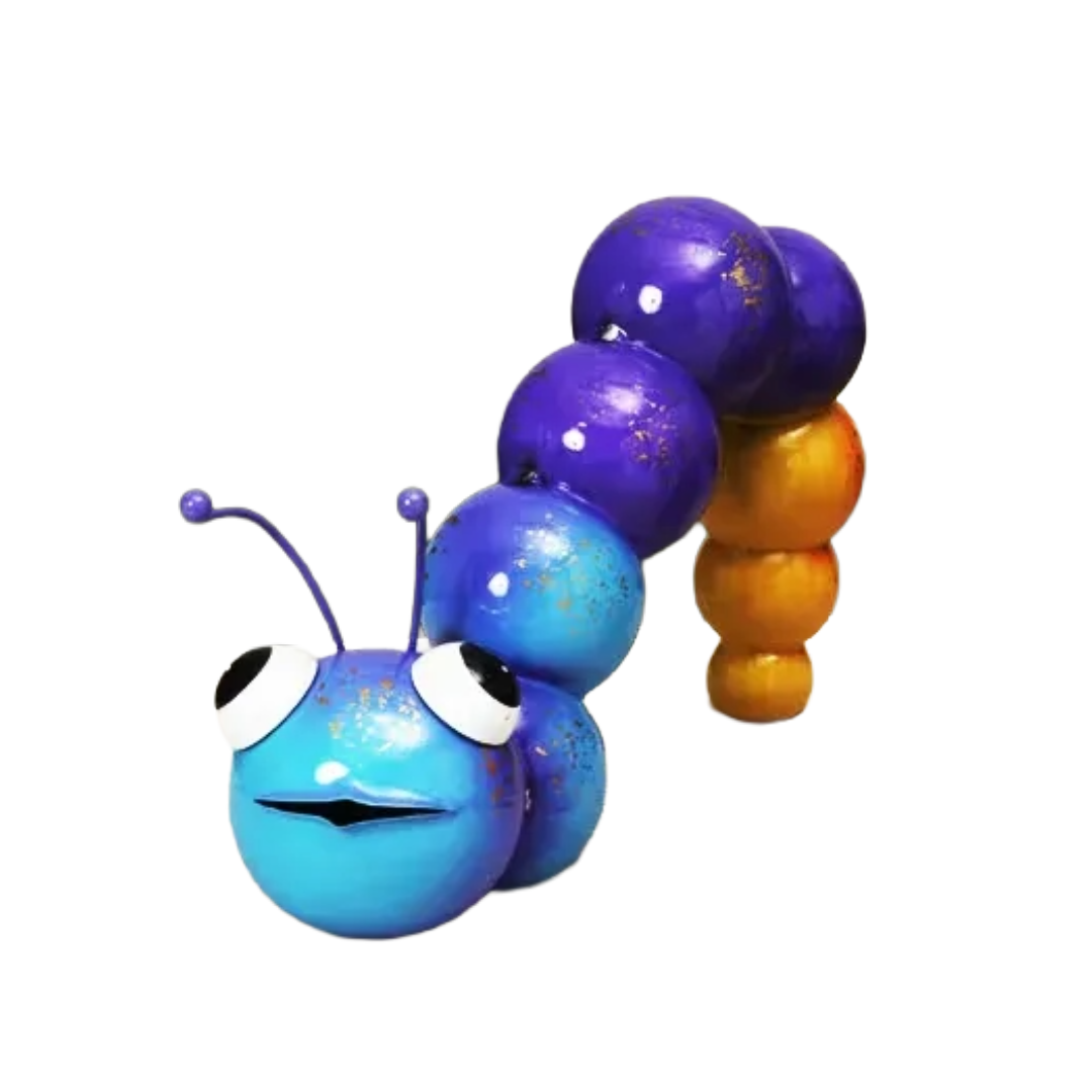 Colorful caterpillar with blue face and purple body on a white background