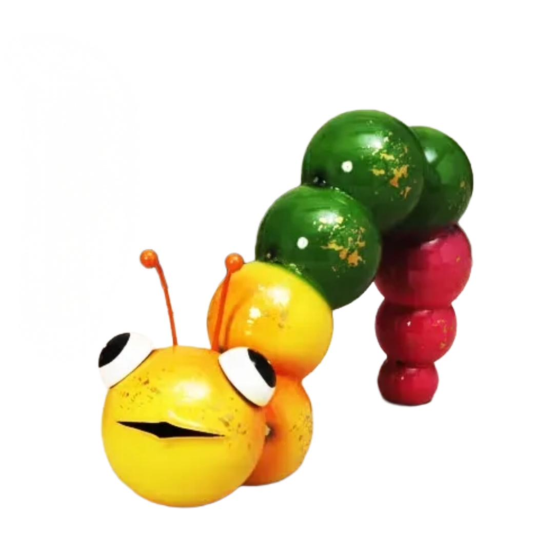 Colorful caterpillar  with a yellow head and green and red body on a white background
