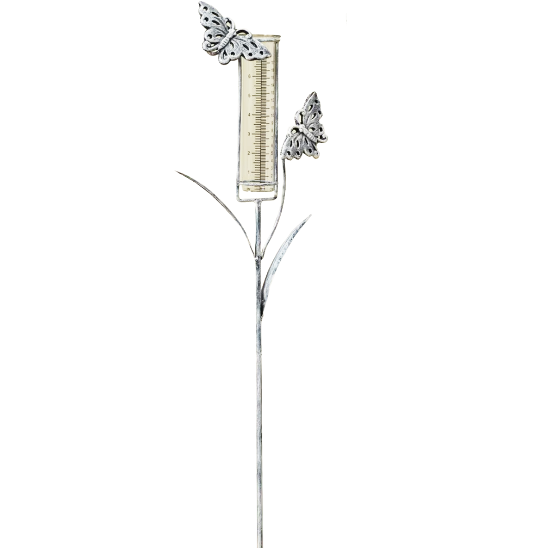 Decorative metal rain gauge stake with butterfly designs on a white background