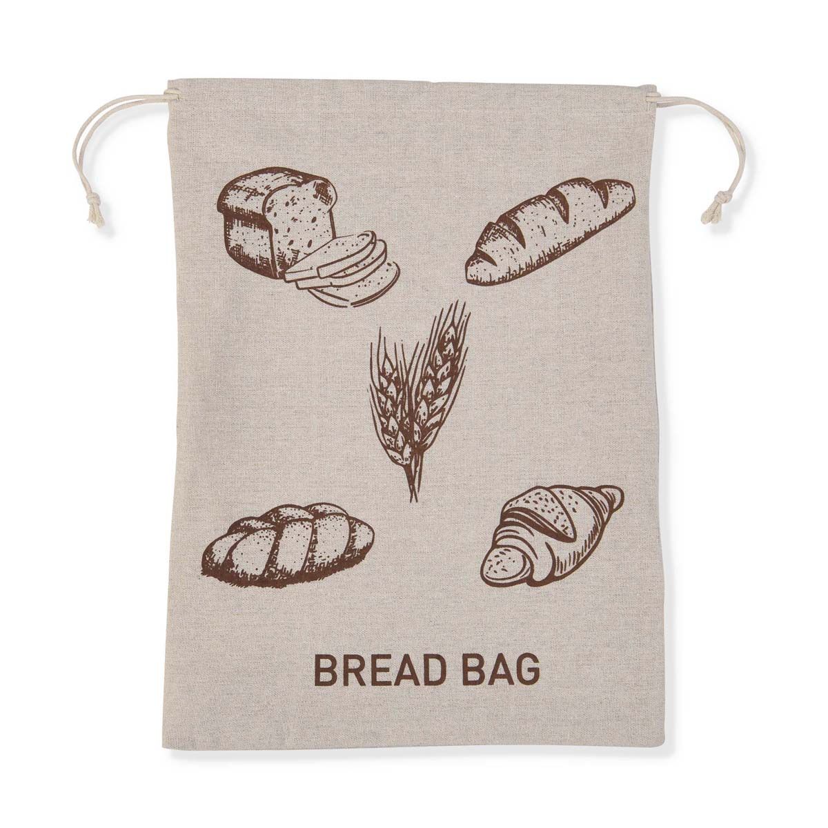 Beige bread bag with brown bread illustrations and 'Bread Bag' text on a white background