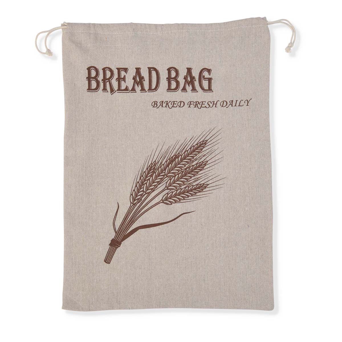 Textile bread bag with wheat design and 'Bread Bag' text on a beige background