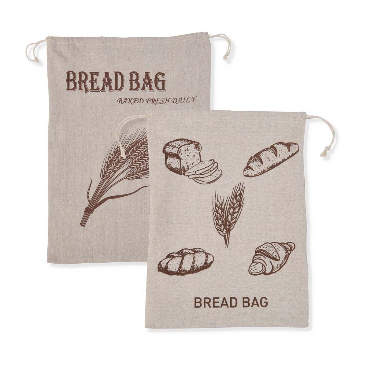 Two bread bags with illustrations of bread and wheat on a white background