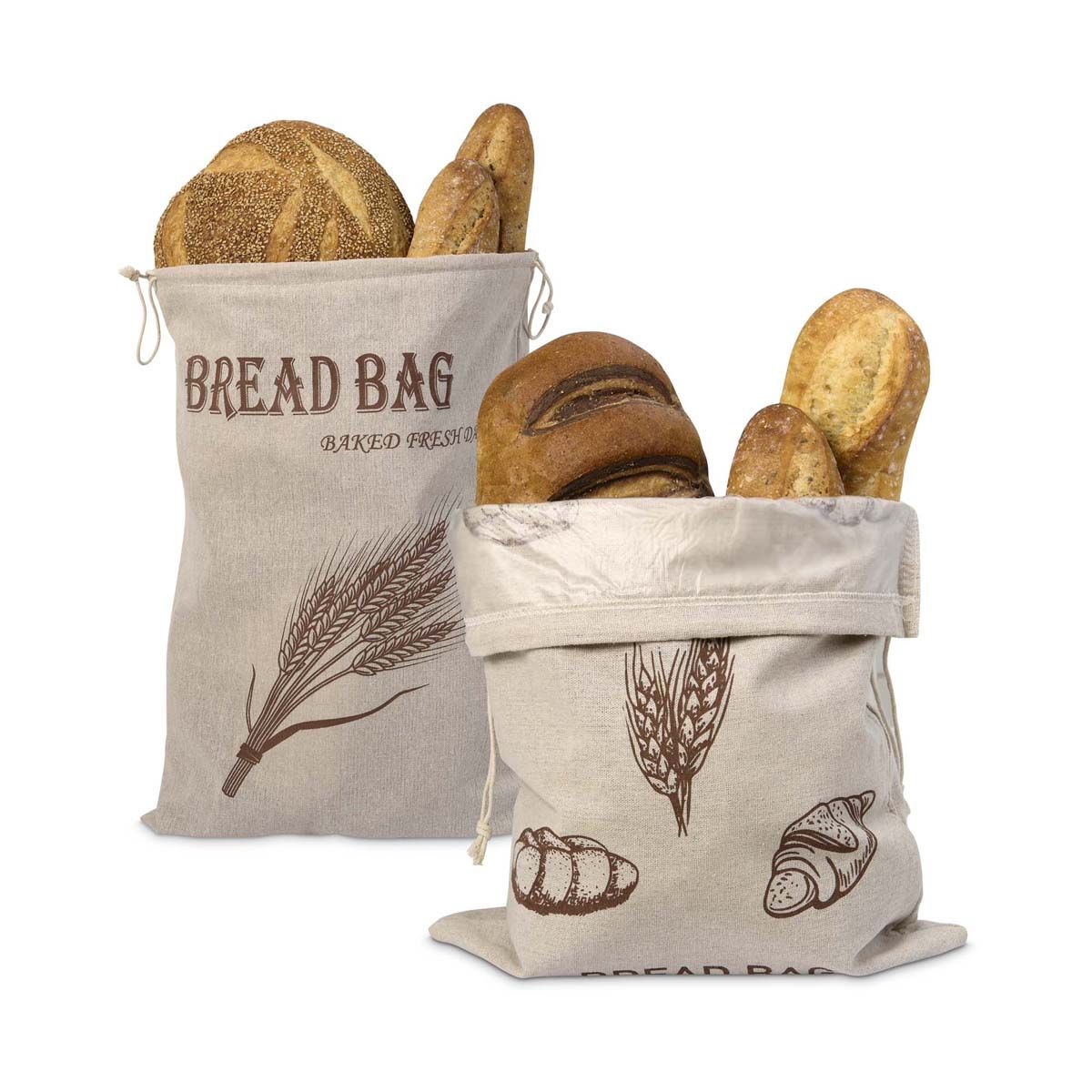 Two bread bags with bread and wheat designs on a white background