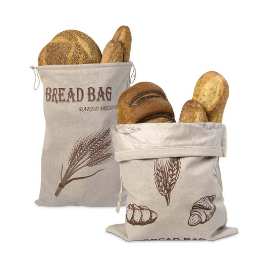 Two bread bags with bread and wheat designs on a white background