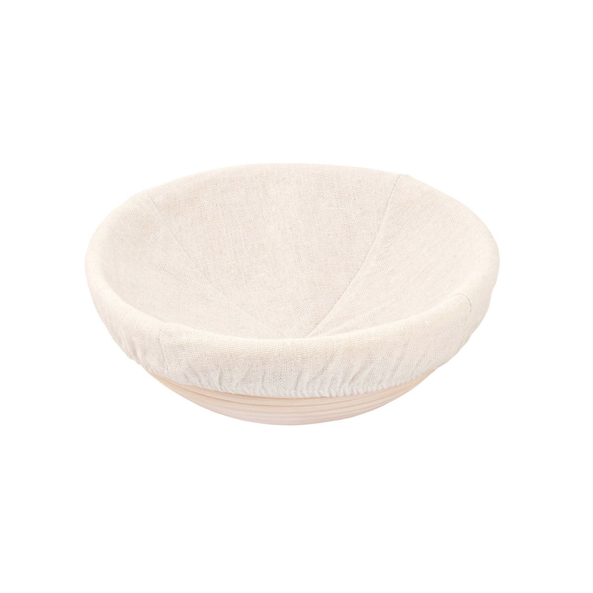 Round white proofing basket on a white background