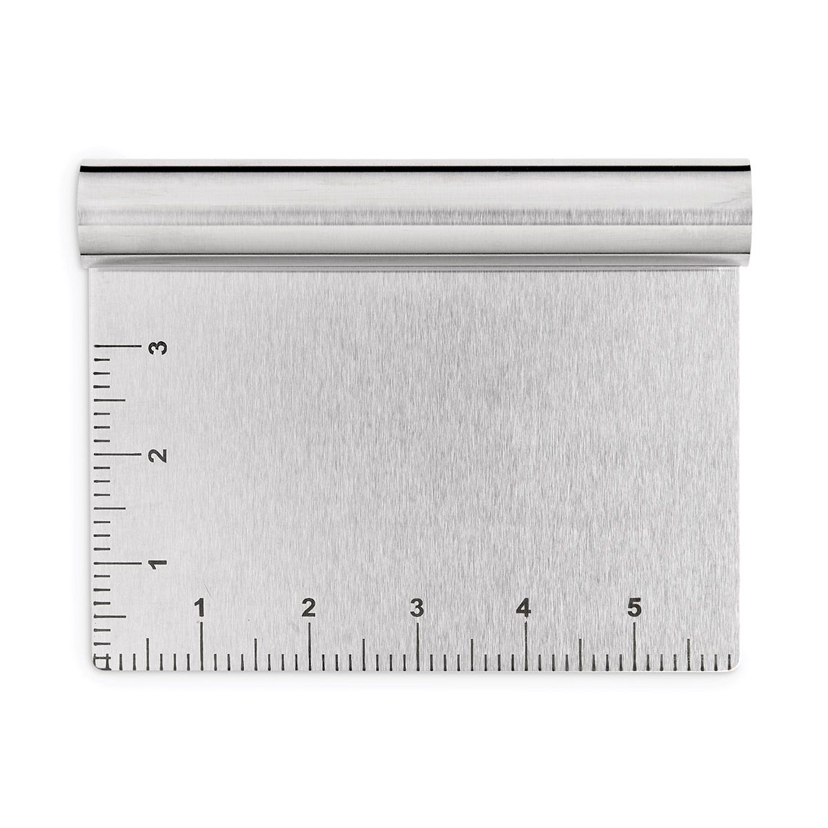 front view of dough scraper with measurements on white background
