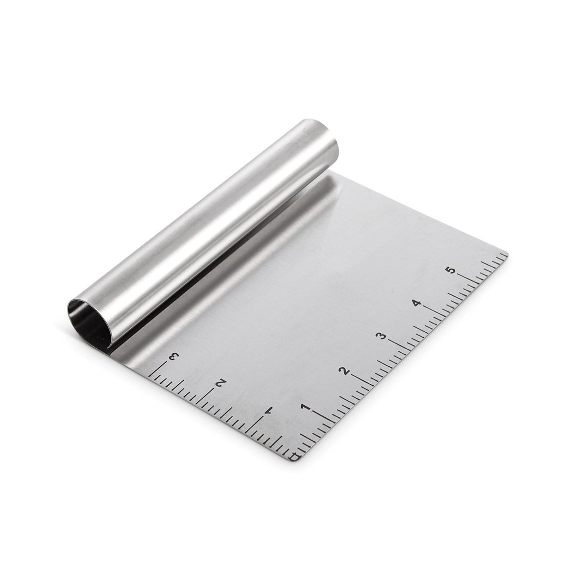 dough scraper with measurements on white background
