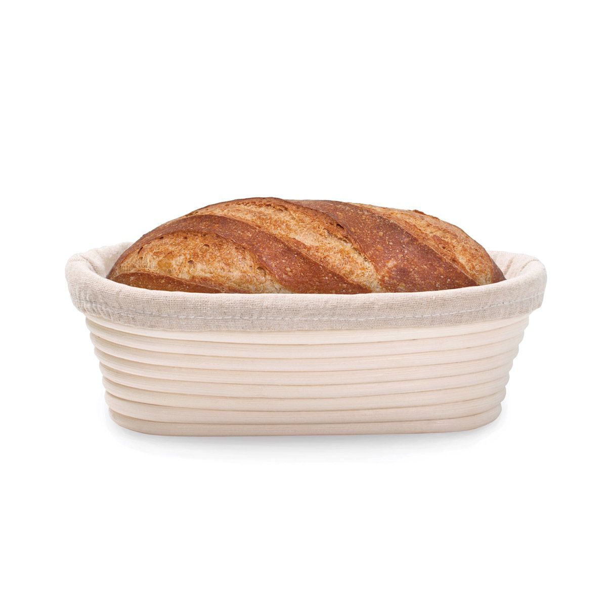 Loaf of bread in a proofing basket on a white background