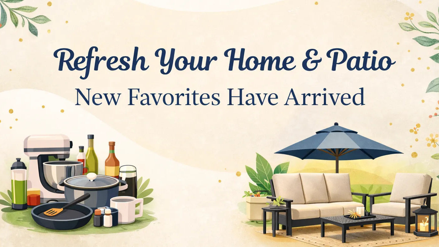 Promotional banner for home and patio refresh with outdoor furniture and accessories.