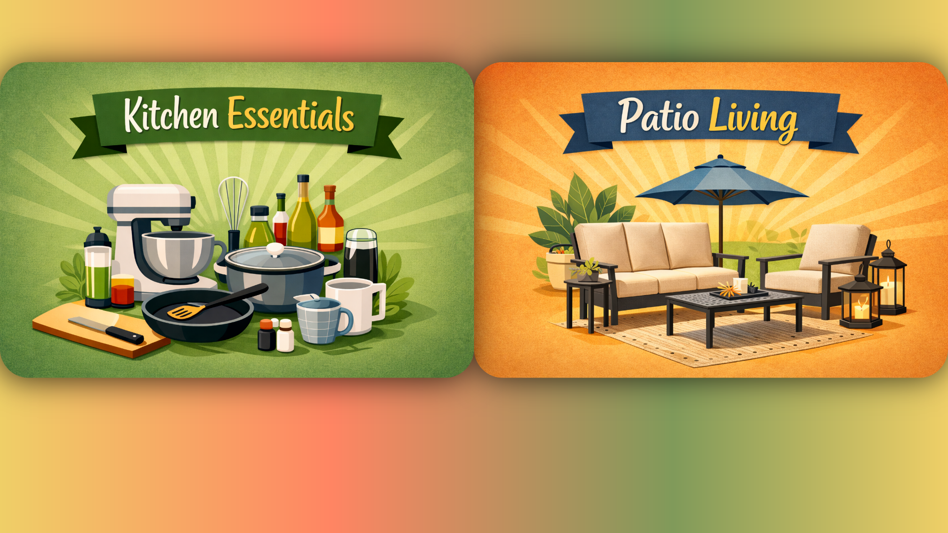 Two product categories displayed side by side: 'Kitchen Essentials' on a green background with kitchen items, and 'Patio Living' on an orange background with outdoor furniture.