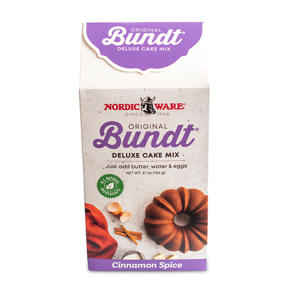 Nordic Ware Original Bundt Deluxe Cake Mix packaging on a white background
