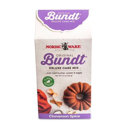Nordic Ware Original Bundt Deluxe Cake Mix packaging on a white background