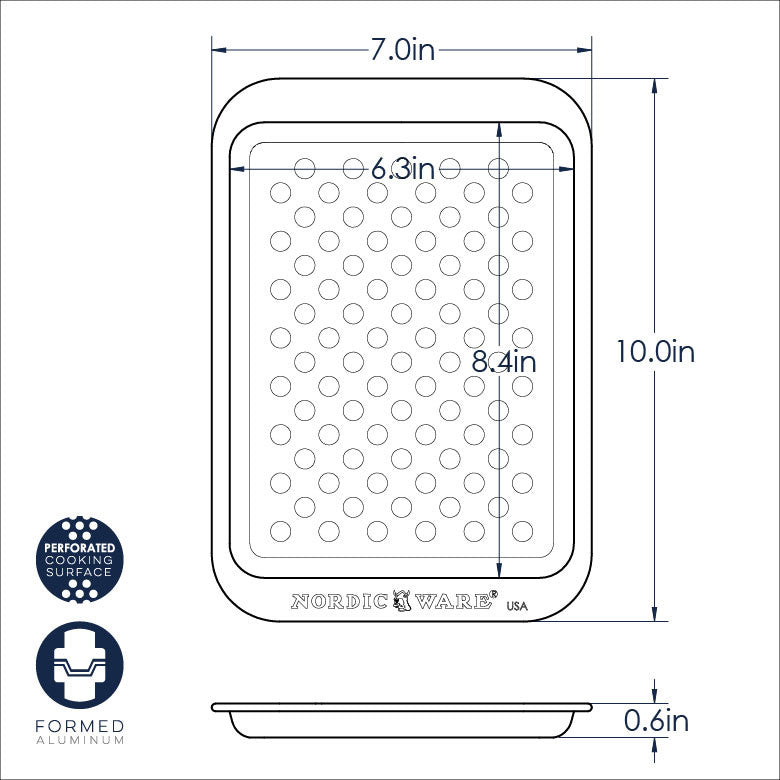 Measurement chart of a Nordic Ware baking tray with dimensions and features.