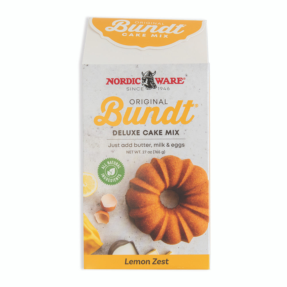 Nordic Ware Original Bundt Deluxe Cake Mix packaging with lemon zest flavor on a white background
