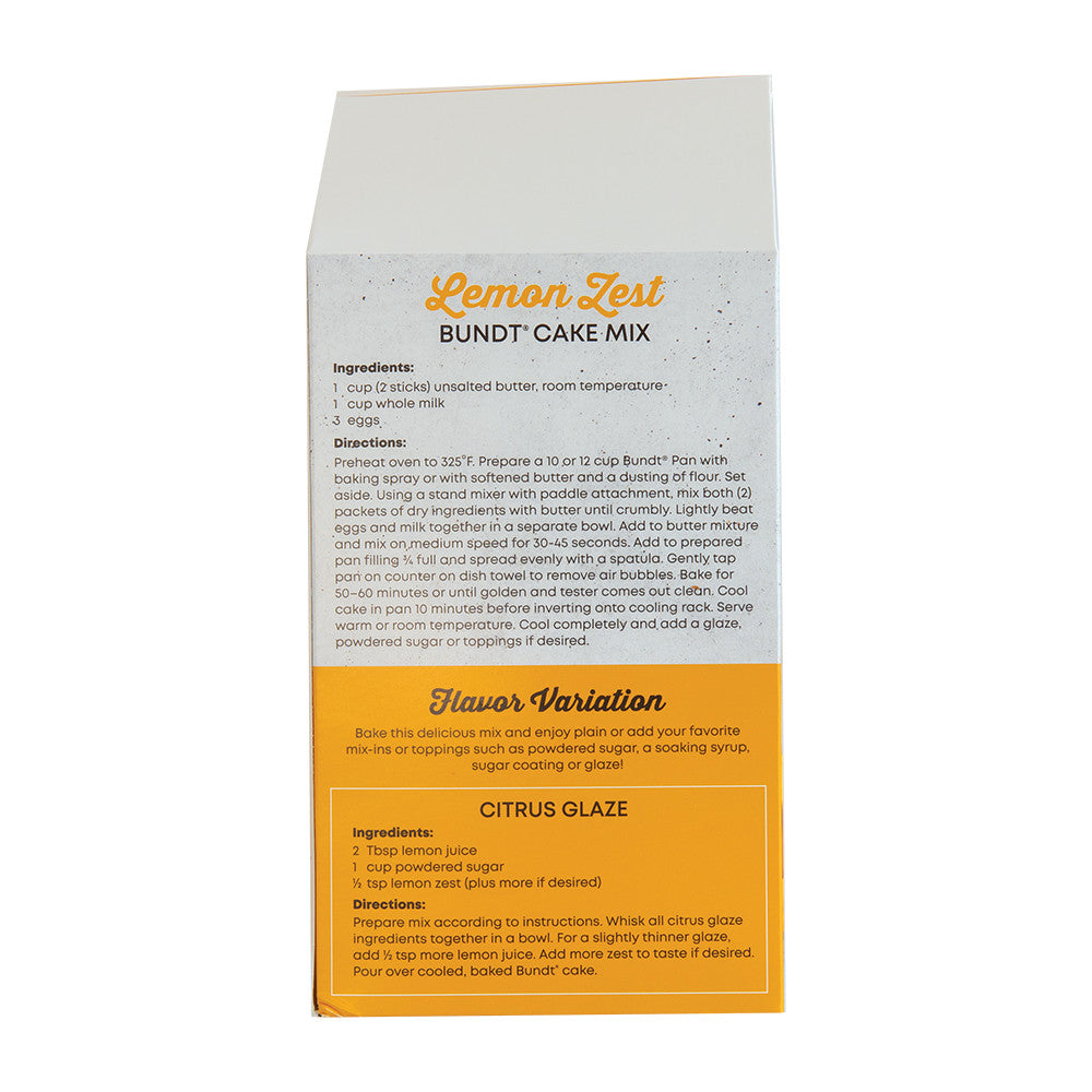 Lemon Zest Bundt Cake Mix packaging with text on a white background