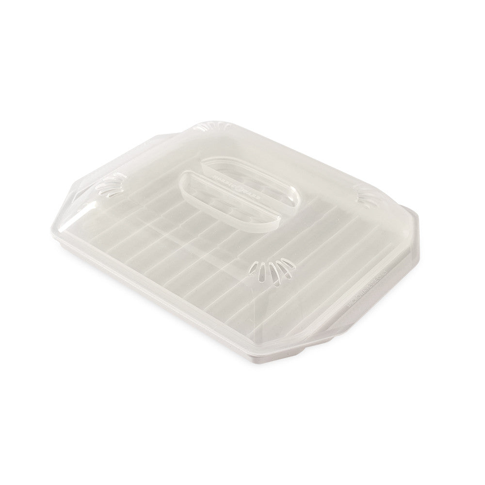 White plastic container with a clear lid on a white background