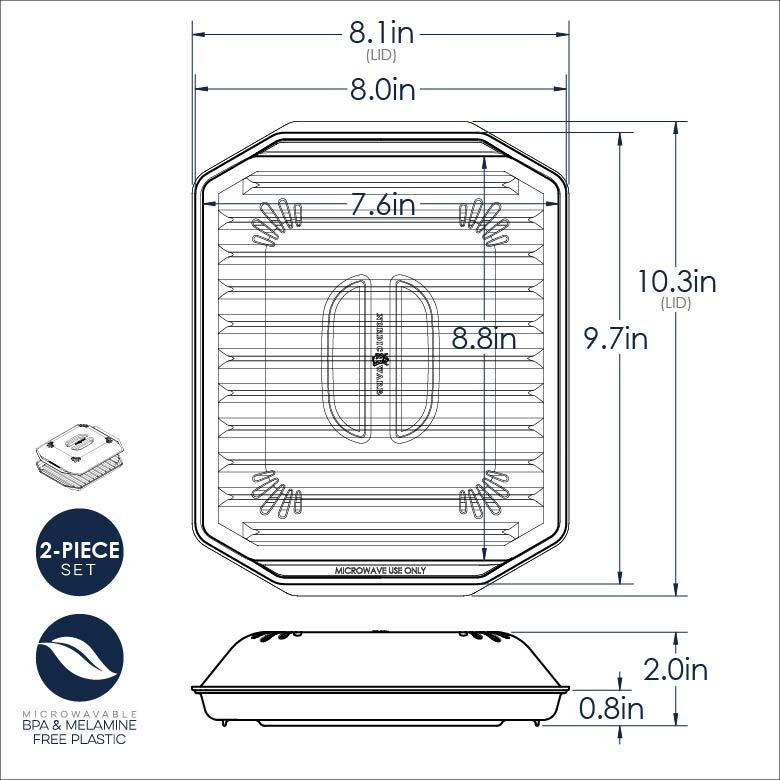 Technical drawing of a microwaveable container with dimensions and features.