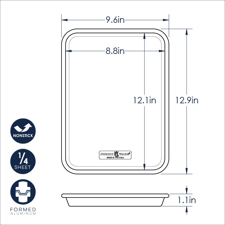 Measurement chart of a baking sheet with dimensions and features labeled.