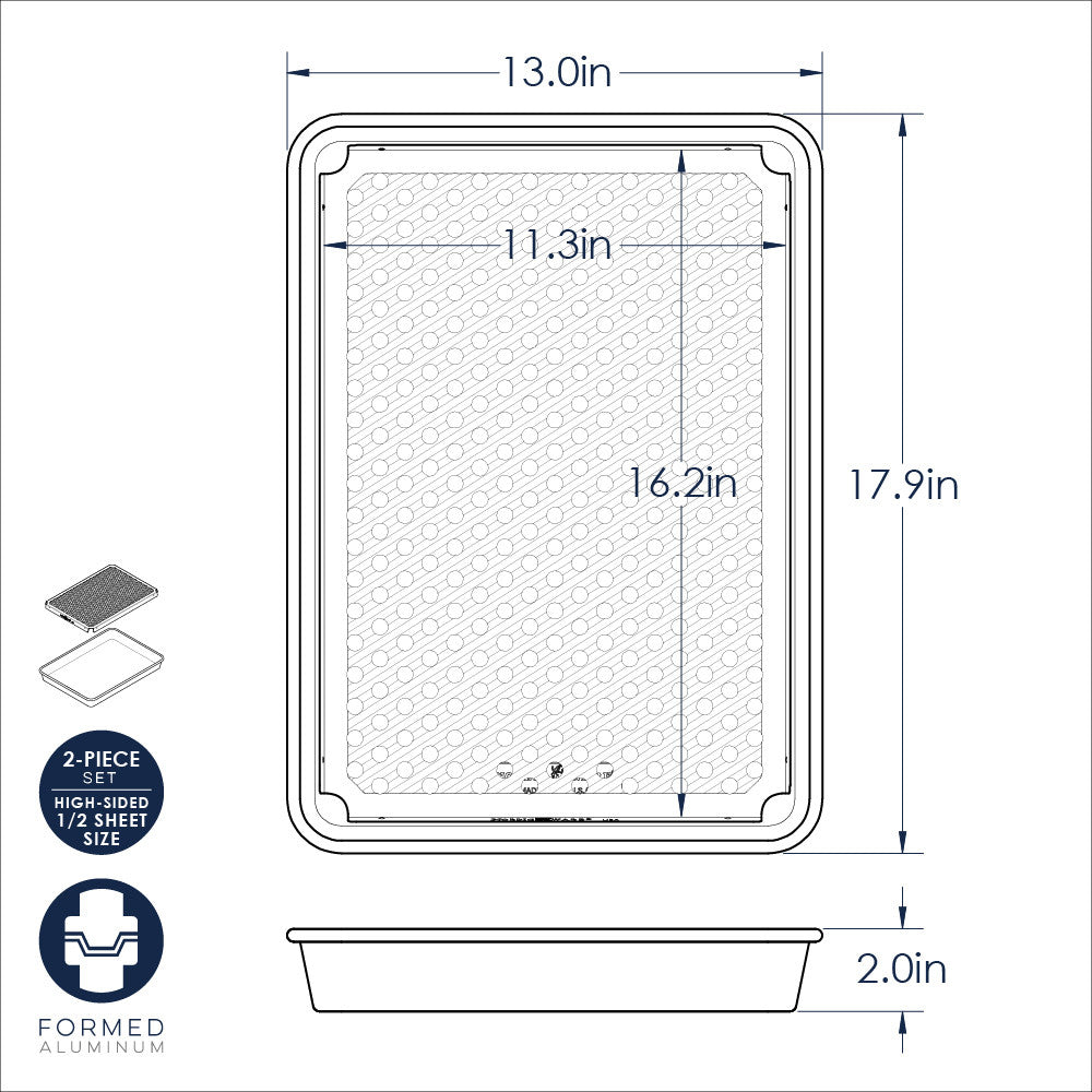 Measurement chart of a rectangular tray with dimensions labeled