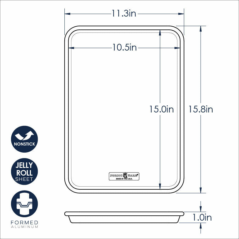 Measurement chart of a jelly roll pan with dimensions and features.