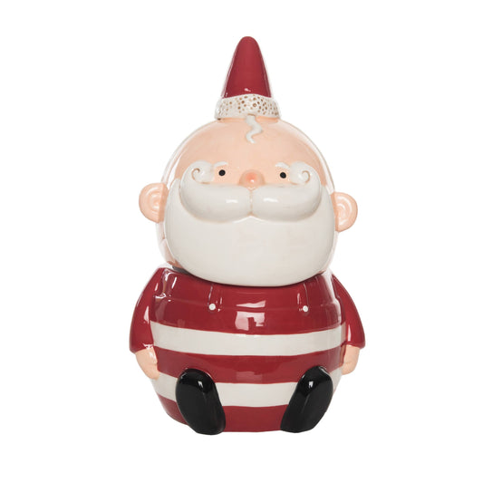 Ceramic Santa Cookie Jar with a red and white striped shirt on a white background