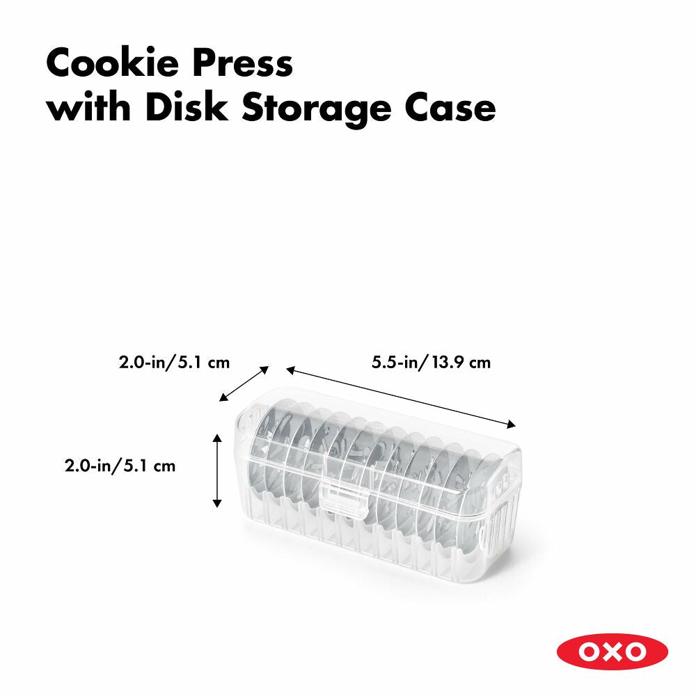 Oxo cookie press with disk storage case and dimensions on a white background
