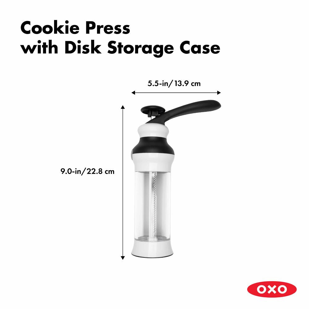 Oxo cookie press with disk storage case on a white background