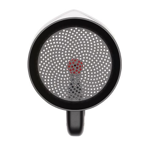 Black mesh strainer with a handle on a white background