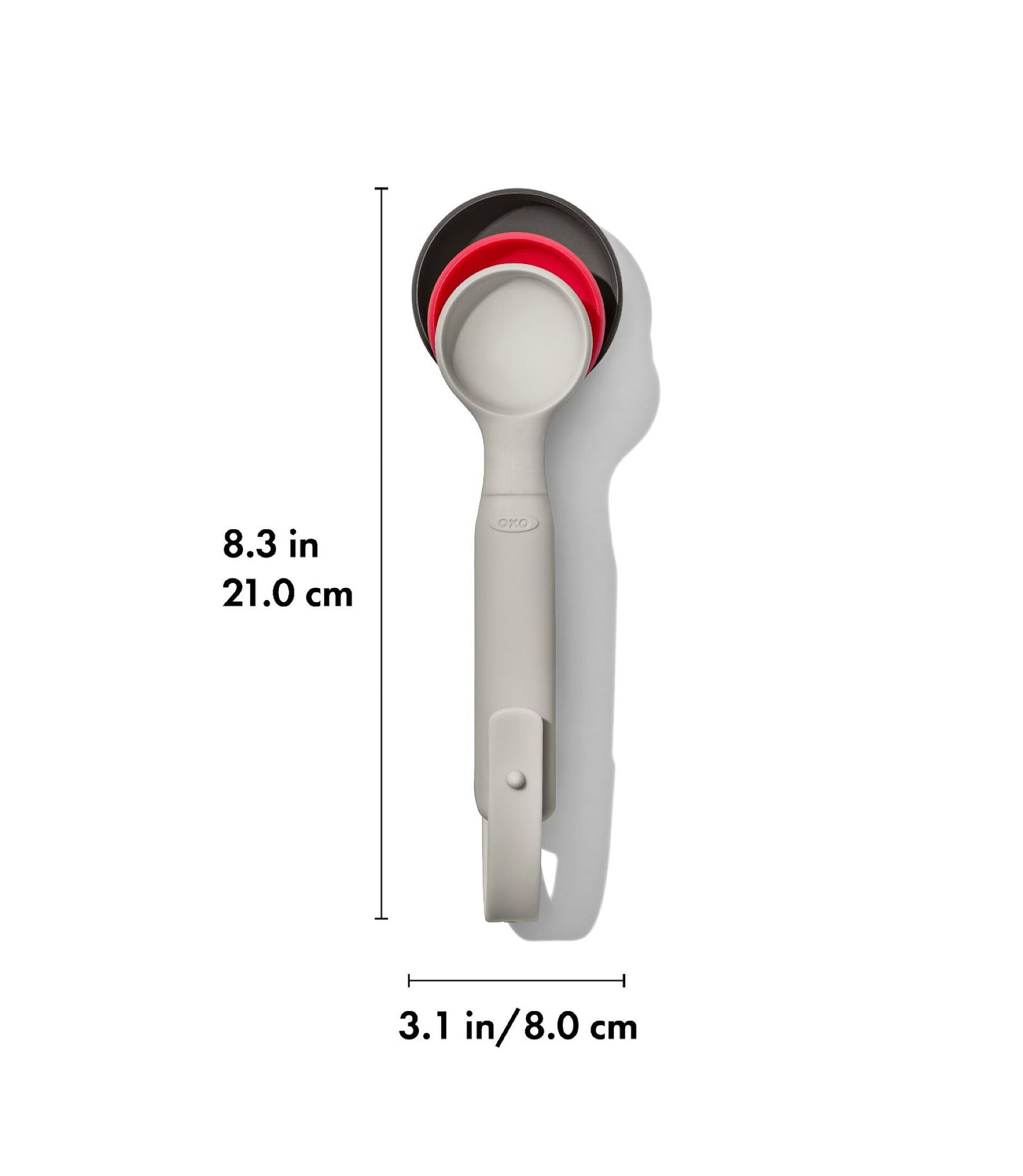 Measurement chart of a kitchen tool with dimensions labeled on a white background