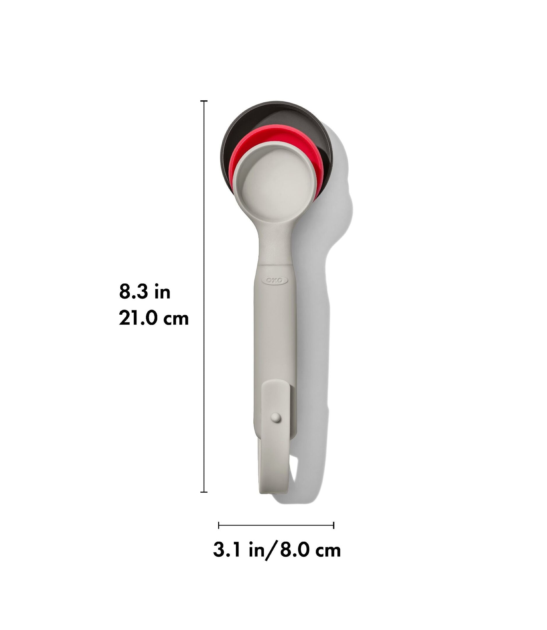 Measurement chart of a kitchen tool with dimensions labeled on a white background