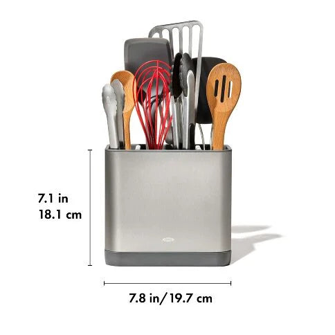 Kitchen utensil holder with measuring dimensions on a white background