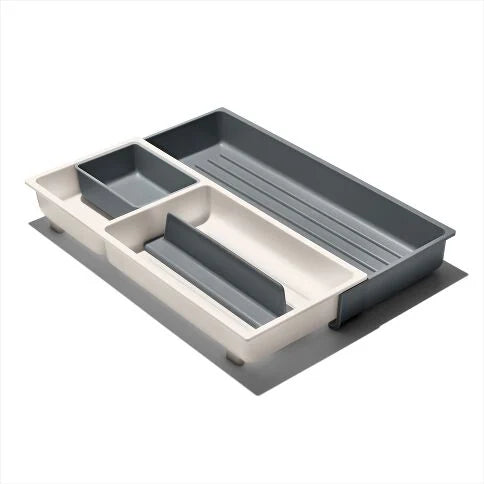 Gray and beige kitchen drawer organizer on a white background
