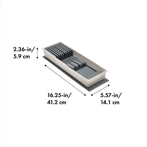 Measurement chart of knife drawer organizer  with dimensions labeled in inches and centimeters.