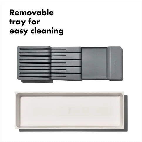 Gray removable tray for easy cleaning on a white background
