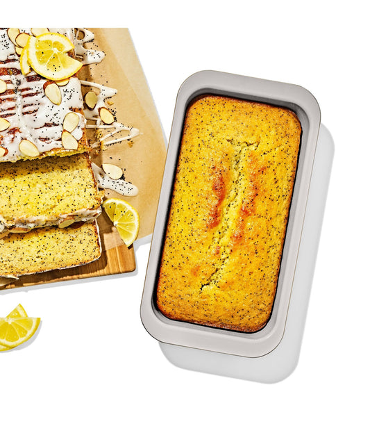 OXO loaf pan with poppy seed bread
