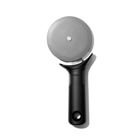 Pizza cutter with a metallic blade and black handle on a white background