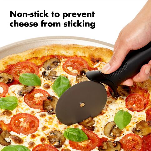 Pizza with a pizza cutter on top, labeled 'Non-stick to prevent cheese from sticking'.