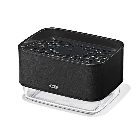 Black and clear kitchen organizer with OXO logo on a white background