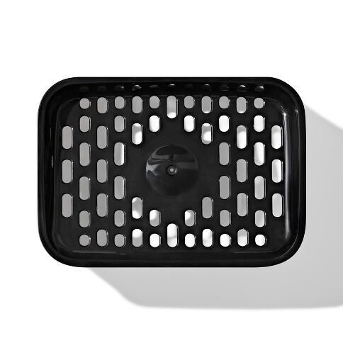 Black plastic tray with grid pattern on a white background