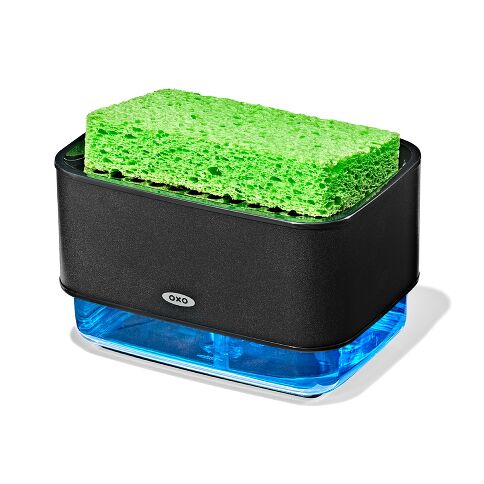 Green sponge in a black and blue holder on a white background