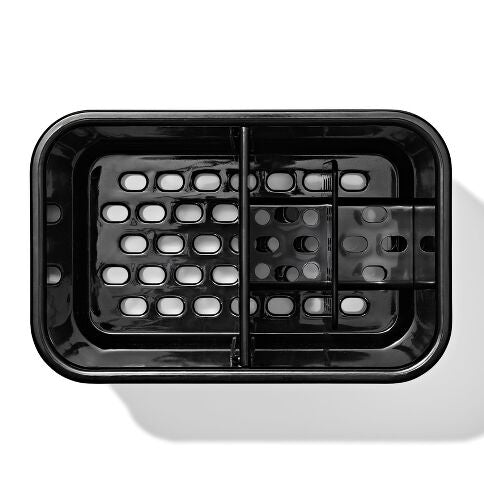 Inside view of kitchen caddy  black plastic tray with grid pattern on a white background