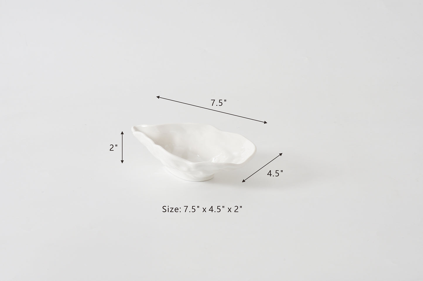 White melamine dish with dimensions labeled on a light gray background