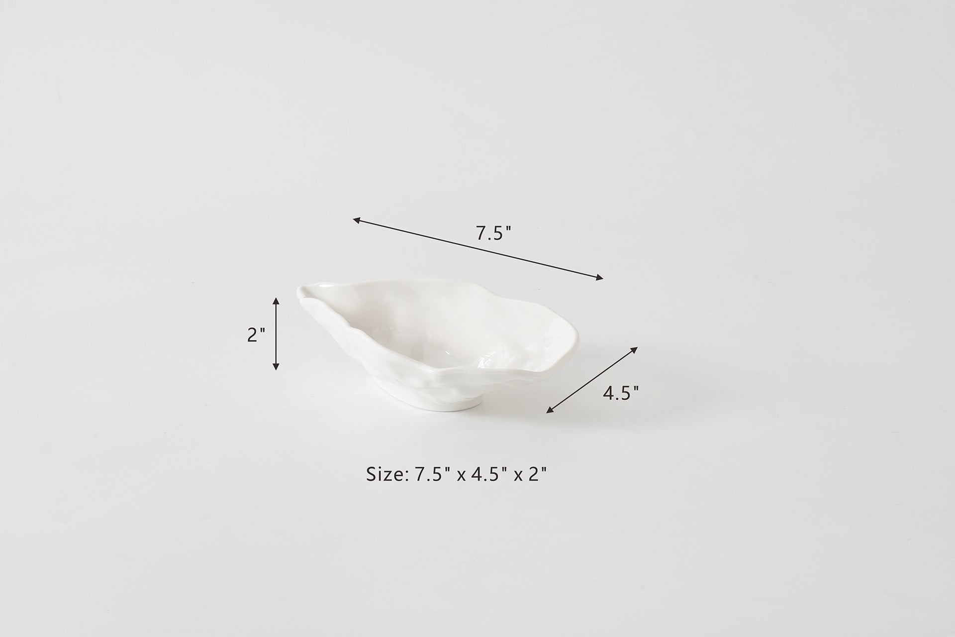 White melamine dish with dimensions labeled on a light gray background