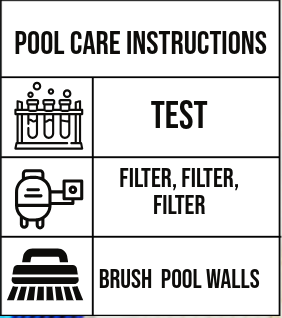 Person testing pool water with a test strip, next to pool care instructions.